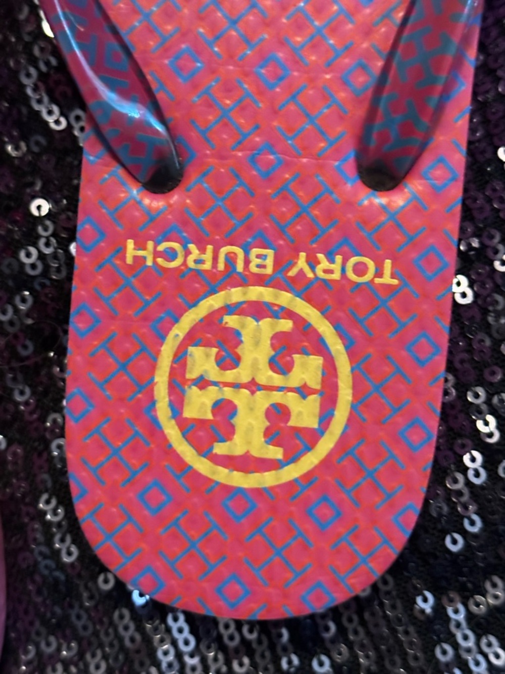 Tory Burch Pink and Blue Patterned Logo Flip Flops - Picture 8 of 14